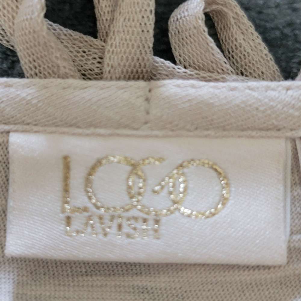 LOGO‎ Lavish Top M Beige Floral Embroidered Mesh Overlay Boho Artsy Cottagecore - Picture 11 of 16